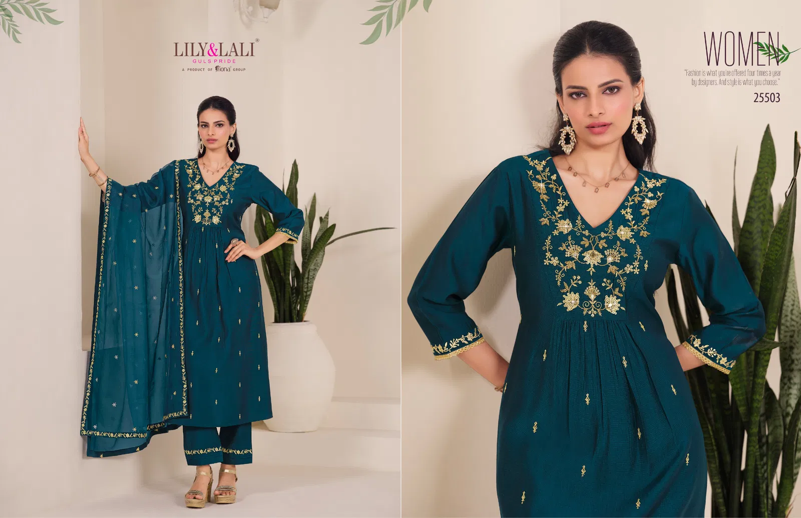 Zari by Lily and Lali Viscose Embroidered Kurti with Lining and Bottom Dupatta